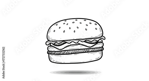 Hand Drawn Burger Sketch on White Simple Illustration