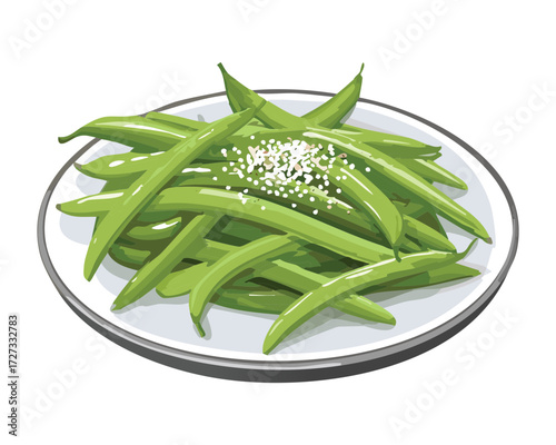 Close-up of perfectly cooked green beans with a light garnish of sesame seeds and a pinch of sea salt - Vector Illustration	