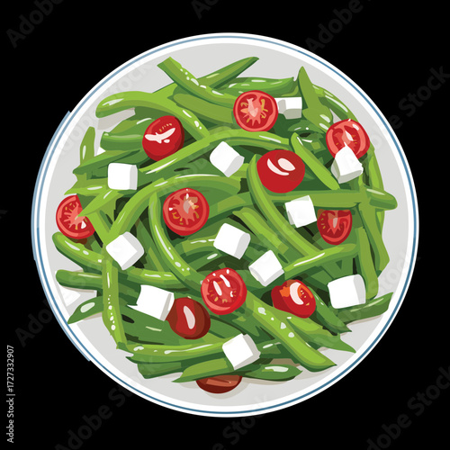 Overhead view of a vibrant green bean salad with cherry tomatoes and white feta cheese crumbles on a plate - Vector Illustration	