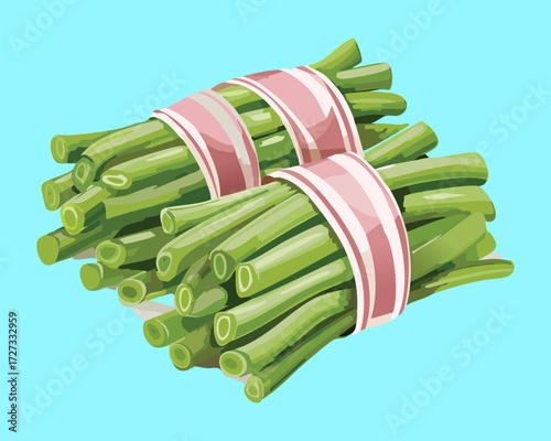 Prosciutto-wrapped green beans, neatly tied with twine, on a light blue background, ready for baking - Vector Illustration	
