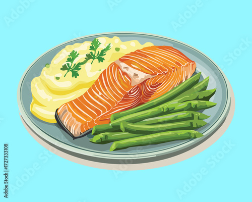 Golden pan-fried salmon steak with a rich lemon butter sauce, paired with crisp green beans on a white plate - Vector Illustration	