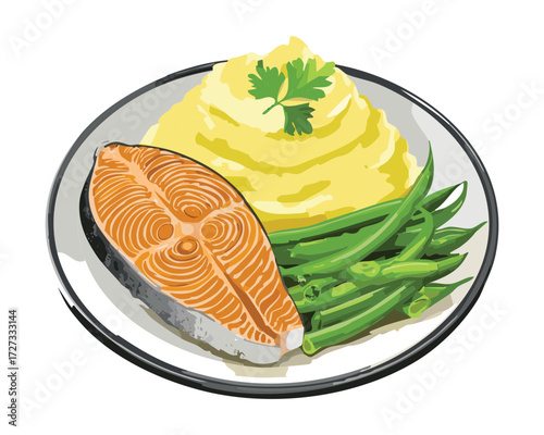 Perfectly pan-seared salmon fillet served alongside creamy mashed potatoes and fresh green beans on a plate - Vector Illustration	