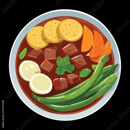 Savory beef and vegetable stew with eggs and carrots, beautifully plated in a white bowl with a red rim - Vector Illustration	