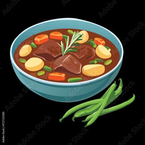 Hearty beef stew with carrots and potatoes, served hot in a deep blue bowl for a winter meal - Vector Illustration	