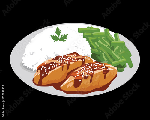 Delicious glazed chicken fillet served with fluffy white rice and a portion of fresh steamed green beans - Vector Illustration	