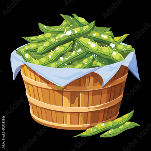 Abundant harvest of fresh green beans piled high in a rustic wicker basket on a dark background - Vector Illustration	