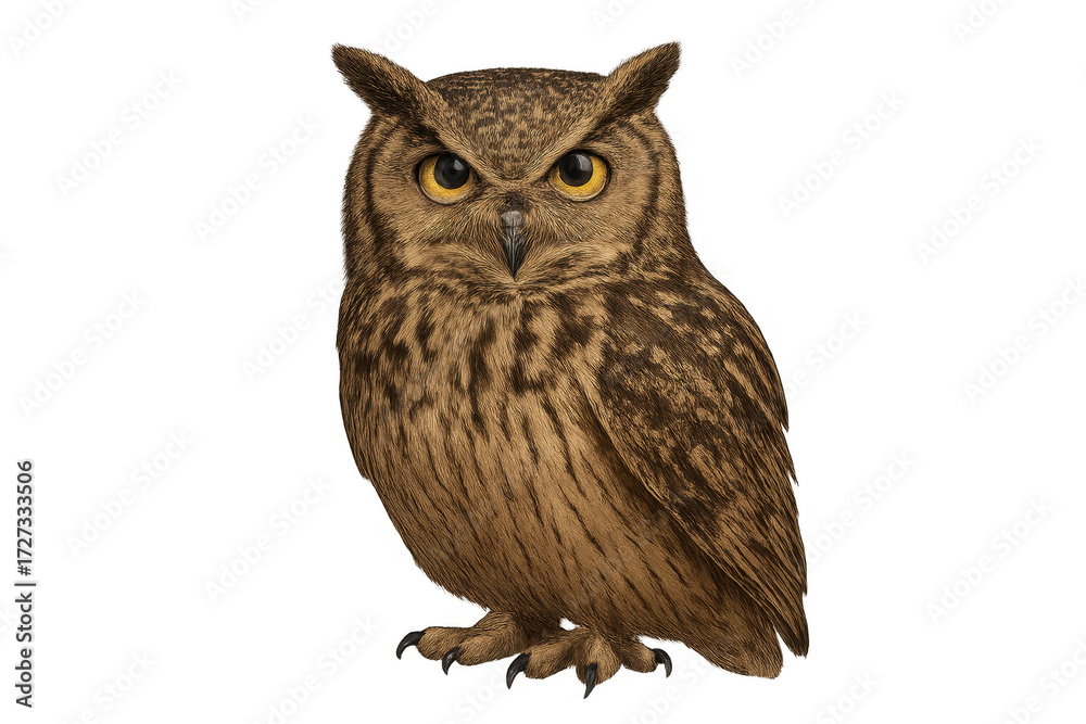 Fototapeta premium Eurasian eagle owl standing wise and nocturnal on transparent background