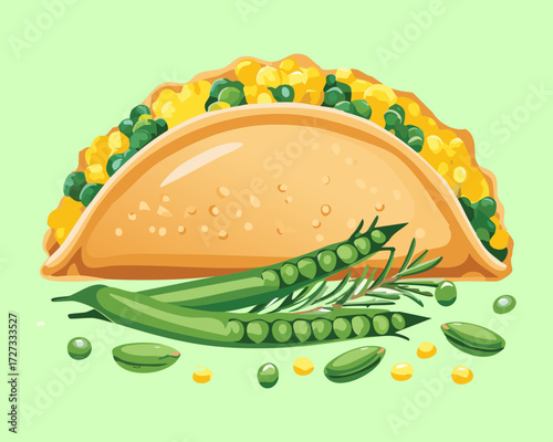 Soft-shell taco filled with seasoned meat, fresh green peas, and green beans, topped with salsa - Vector Illustration	