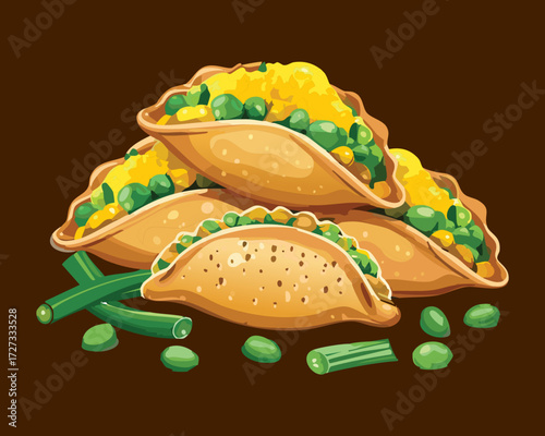 Crispy hard shell tacos piled high with a savory filling of ground meat, green beans, and corn - Vector Illustration	