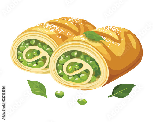 Two golden puff pastry rolls or strudels with a vibrant green pea filling, sprinkled with sesame seeds - Vector Illustration	