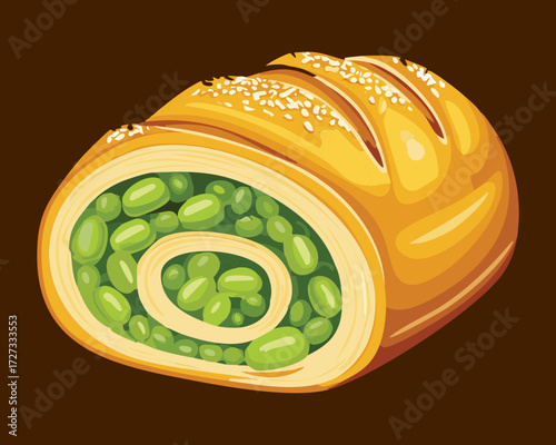 Golden flaky puff pastry slice showing a vibrant spiral filling of mashed green peas and herbs - Vector Illustration	
