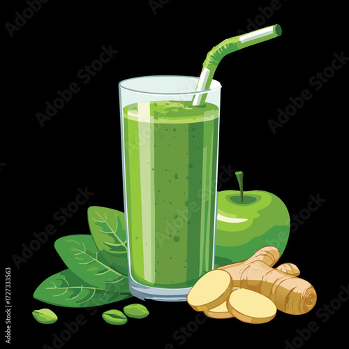Dark green detox smoothie in a clear glass with a straw, placed next to nuts and green apple slices - Vector Illustration	