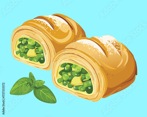 Savory puff pastry roll (or strudel) filled with a mixture of green peas, feta cheese, and fresh herbs - Vector Illustration	