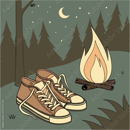 Canvas Shoes by a Campfire at Night in the Forest