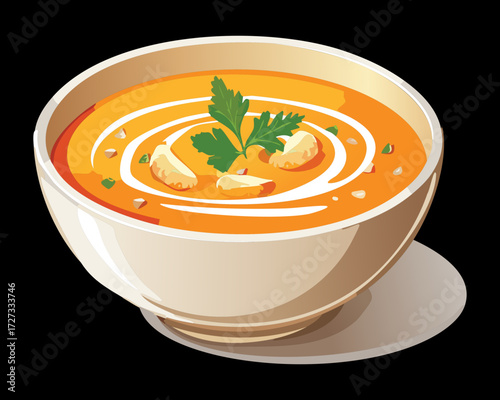 Rich orange carrot soup with a creamy swirl, served hot in a classic white bowl with a dark background - Vector Illustration	
