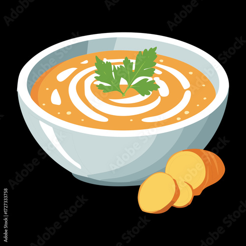 Warm, creamy carrot soup served in a deep white bowl, garnished with a swirl and sliced carrots - Vector Illustration	