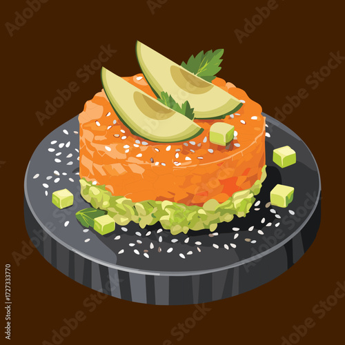 Layered tuna tartare and fresh guacamole tower with avocado slices on a rustic wooden board - Vector Illustration	