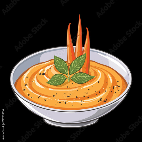 Smooth, creamy hummus or purée garnished beautifully with a whole baby carrot and fresh herbs - Vector Illustration	