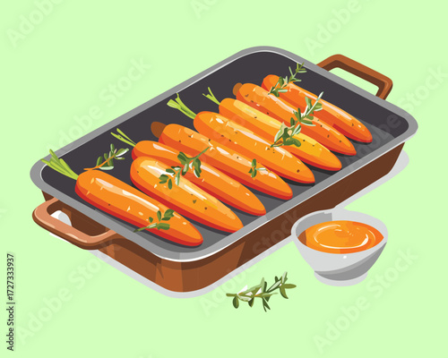 Fresh, unpeeled carrots seasoned with thyme and herbs in a light green baking pan, ready for roasting - Vector Illustration	