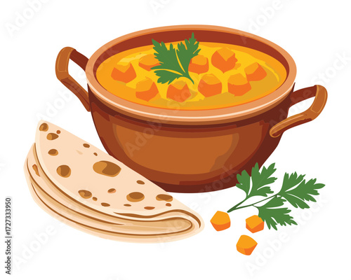 Hearty Indian chickpea curry (chana masala) served in a brown clay bowl with a side of warm flatbread - Vector Illustration	