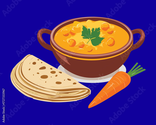 Rich, aromatic chana masala or chickpea curry served with warm Indian flatbread and fresh parsley garnish - Vector Illustration	