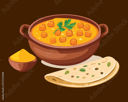 Traditional Indian chana masala or chickpea curry served in a brown clay bowl with warm flatbread - Vector Illustration	