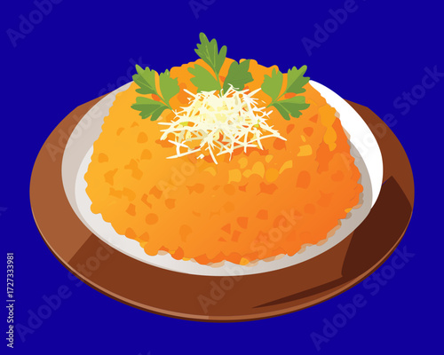 Fluffy mound of bright orange rice (or polenta) topped generously with shaved parmesan cheese and parsley - Vector Illustration	