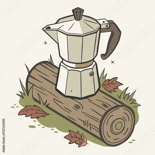 Coffee Maker on Wooden Log in Autumn Setting
