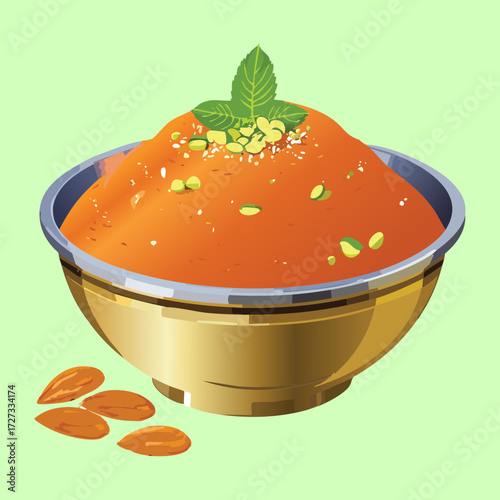 Smooth and Flavorful Carrot or Sweet Potato Puree Served in a Small Golden Bowl Topped with Chopped Pistachios - Vector Illustration	