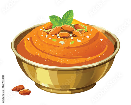 Creamy Sweet Potato or Carrot Puree Mousse Garnished with Sliced Almonds and a Mint Leaf in a Metal Bowl - Vector Illustration	