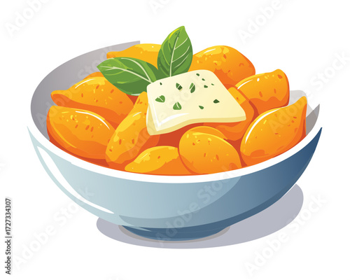 Delicious Roasted Sweet Potato Bites or Gnocchi Topped with Fresh Herbs and a Square Pat of Melting Butter - Vector Illustration