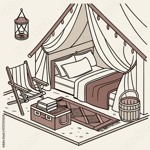 Cozy Beige Camping Tent Interior with Bed and Chairs