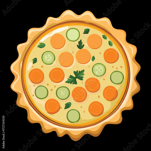  Close-up View of a Classic Savory Quiche or Tart with Vibrant Carrot Slices and Golden Filling in a Textured Crust - Vector Illustration