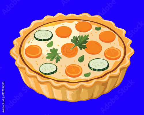 Homemade Round Savory Tart or Quiche with a Flaky Crust, Topped with Carrots, Cucumber Slices, and Green Herbs - Vector Illustration