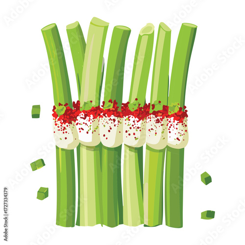 Group of Green Celery Stalks Filled with Cream Cheese and Sprinkled with Fresh Chives, Ready to Serve as an Appetizer - Vector Illustration