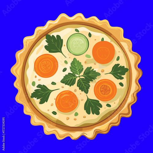 Delicious Golden-Crusted Savory Tart or Quiche Filled with Sliced Carrots, Peas, and Parsley on a Dark Background - Vector Illustration