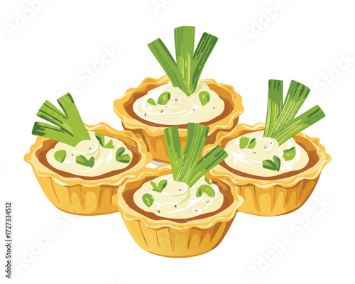 Gourmet Appetizer Tartlets with Creamy Filling and Fresh Leeks or Spring Onions Close-up Shot - Vector Illustration	