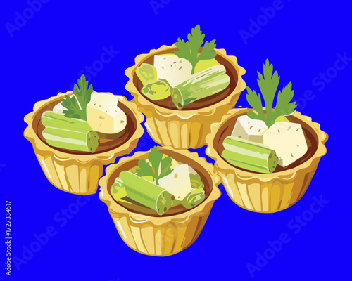 Fresh Vegetarian Cupcakes or Savory Tartlets with Green Vegetables and Feta Cheese Cubes - Vector Illustration	