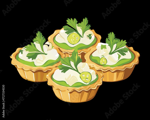 Elegant Savory Tartlets Topped with Cream Cheese and Fresh Chives - Vector Illustration	