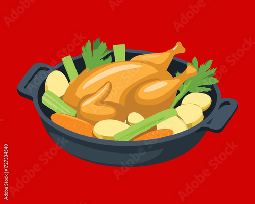 Rustic Oven-Baked Whole Chicken or Turkey with Root Vegetables in Iron Pot Ready to Serve - Vector Illustration	