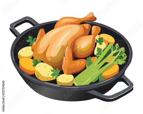 Classic Roasted Chicken with Carrots and Potatoes Served in a Rustic Black Cast Iron Skillet - Vector Illustration	