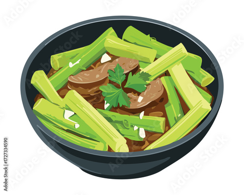 Rustic Braised Celery and Meat Dish Cooked in a Cast Iron Skillet for a Comforting Meal - Vector Illustration	