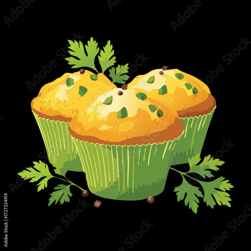Appetizing Savory Muffins or Cupcakes Topped with Fresh Herbs and Cheese Against a Dark Background - Vector Illustration	