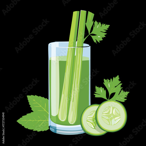 Cooling Green Vegetable Juice with Celery and Cucumber Slices in a Tall Glass Against Blue - Vector Illustration	