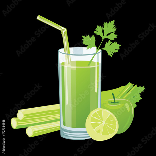 Refreshing Detox Green Vegetable Smoothie with Celery Stalks and Lime in a Tall Glass - Vector Illustration	