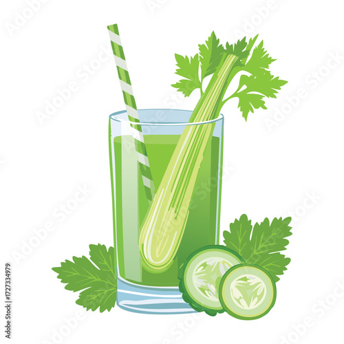 Refreshing Green Celery and Cucumber Smoothie Drink in a Tall Glass with Straw, Perfect for Detox Diet - Vector Illustration