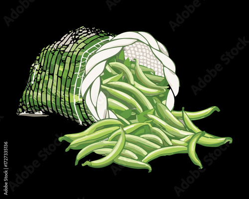 Heap of Freshly Harvested Green Beans Spilling from a Woven Sack, Ready for Cooking or Selling at Market - Vector Illustration