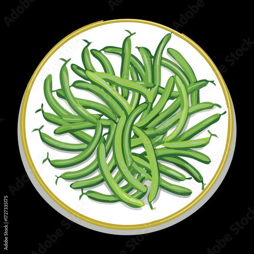  A generous mound of fresh, perfectly whole green beans presented on a white plate with a subtle gold rim - Vector Illustration