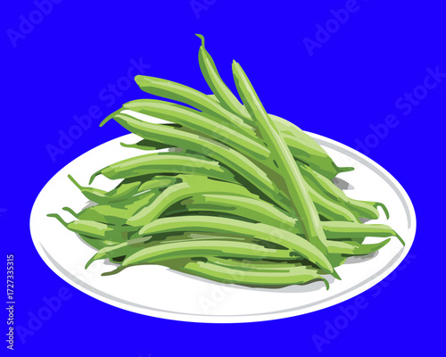Pile of Fresh Green String Beans on a White Plate, Ready for Washing, Chopping, and Cooking - Vector Illustration	