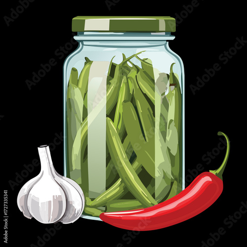 Pickled Green Beans in a Glass Mason Jar, Accompanied by Garlic and Red Chili for a Spicy Kick - Vector Illustration	